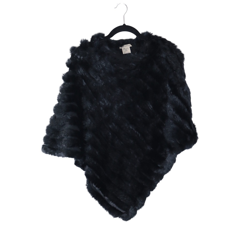 Escapade Black Real Rabbit Fur Knit Poncho Wrap One Size Luxury Outerwear